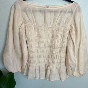LPA Cream Smocked Puff Sleeve Blouse Cottagecore Linen Blend Top